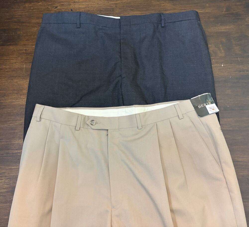 D20 2 NEW Vintage Berle Men’s Dress Pants 42S Gray & Tan Raw Hem 35" Wool Blend